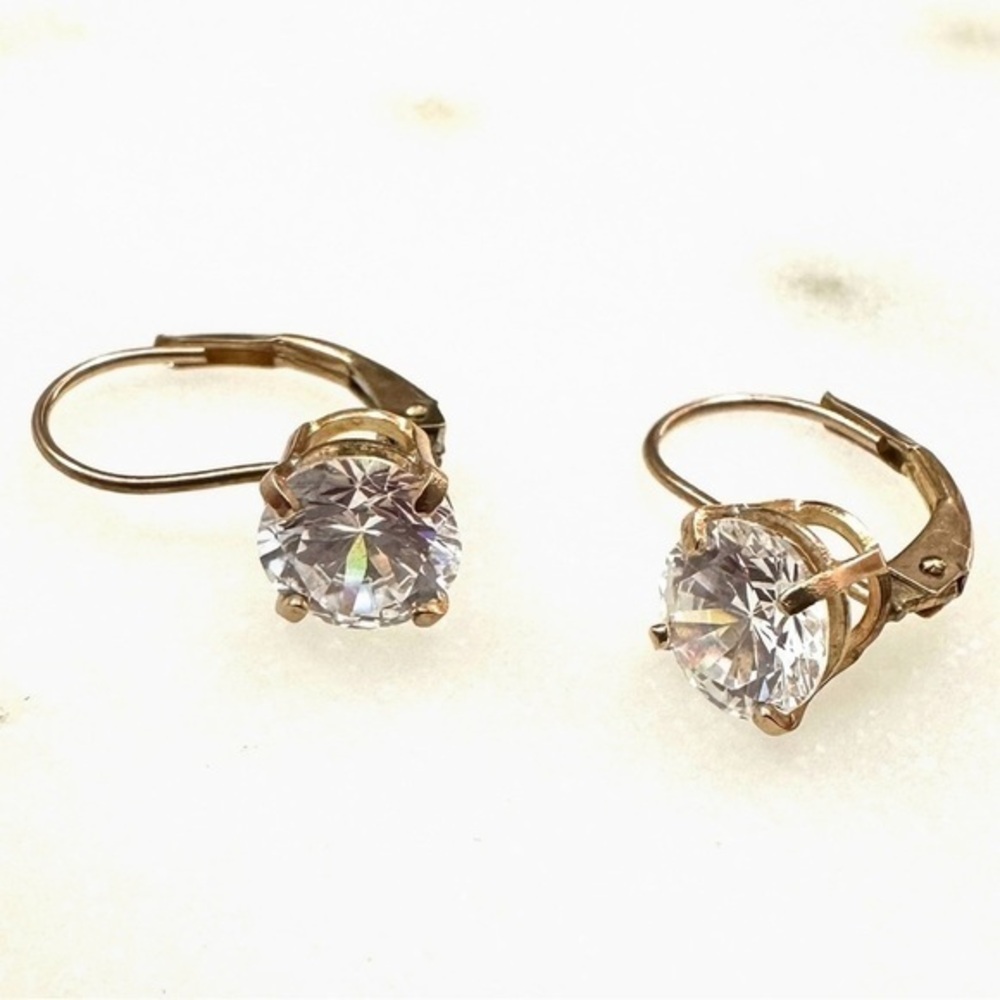 10k Solid Yellow Gold Leverback Round Brilliant CZ Cubic Zirconia Earrings 1.52g